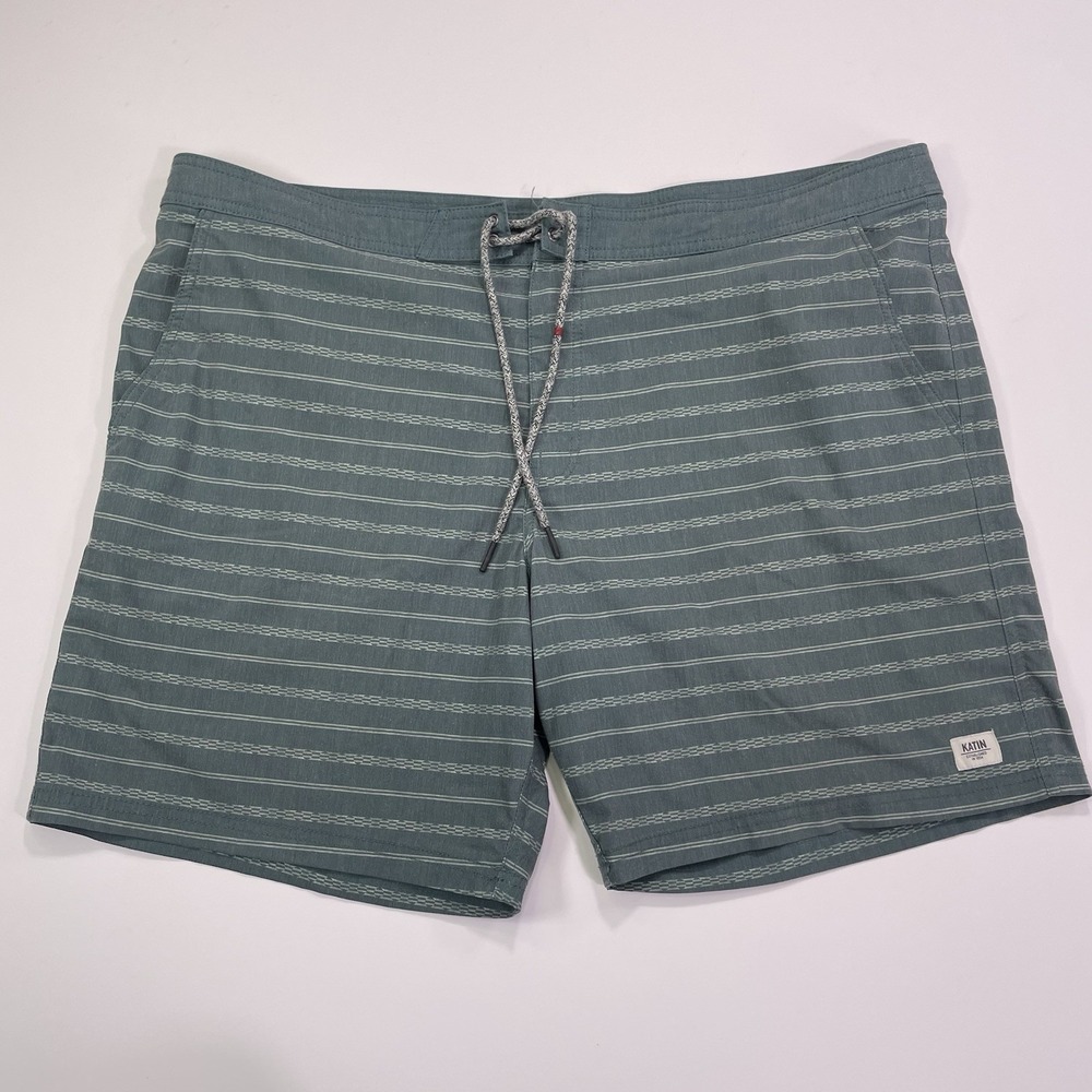 Katin Swim Shorts Mens 40 (42) 7.5 Inseam Striped Board Shorts Trunks Blue Green